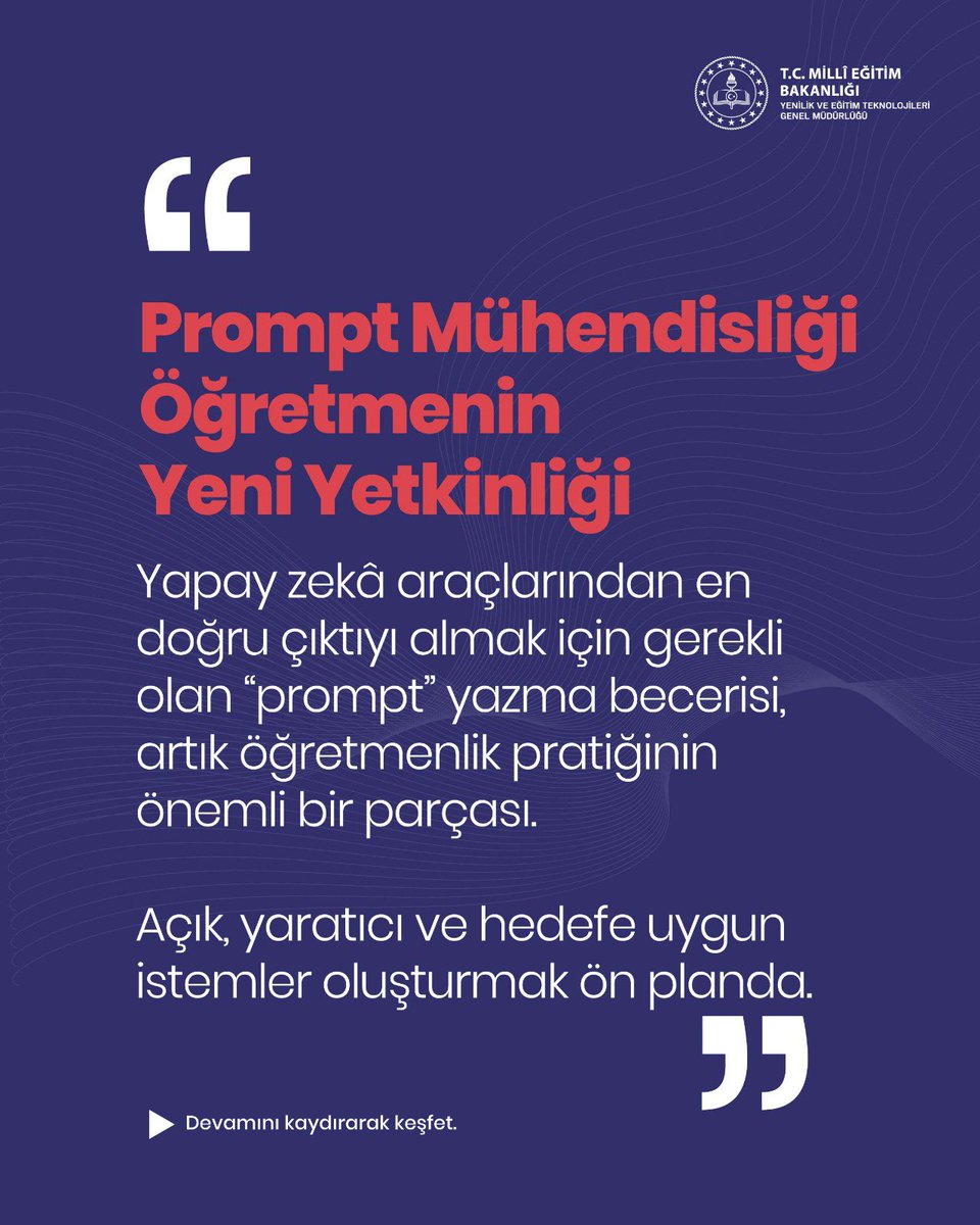 Genel Müdürlüğümüzce hazırlanan “Yapay Zekâ ve Eğitim: Öğretmenler için Uygulamalı Prompt Mühendisliği ve Üretken Araçlarla Yenilikçi Öğrenme Stratejileri” rehberini incelemek için l24.im/ApZ8jWY