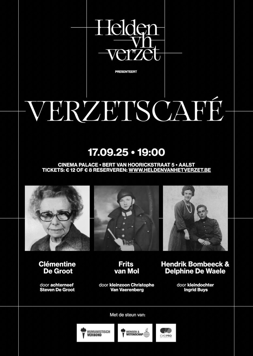 danyneudt's tweet image. 🥁 2de Verzetscafé Aalst – wo 17/9 om 19u in Cinema Palace. Drie nazaten brengen pakkende verhalen over het lokale verzet in Aalst en omstreken tijdens WOII. Tickets: €12 of €8.
👉 Reserveer: heldenvanhetverzet.be/events/2de-ver…