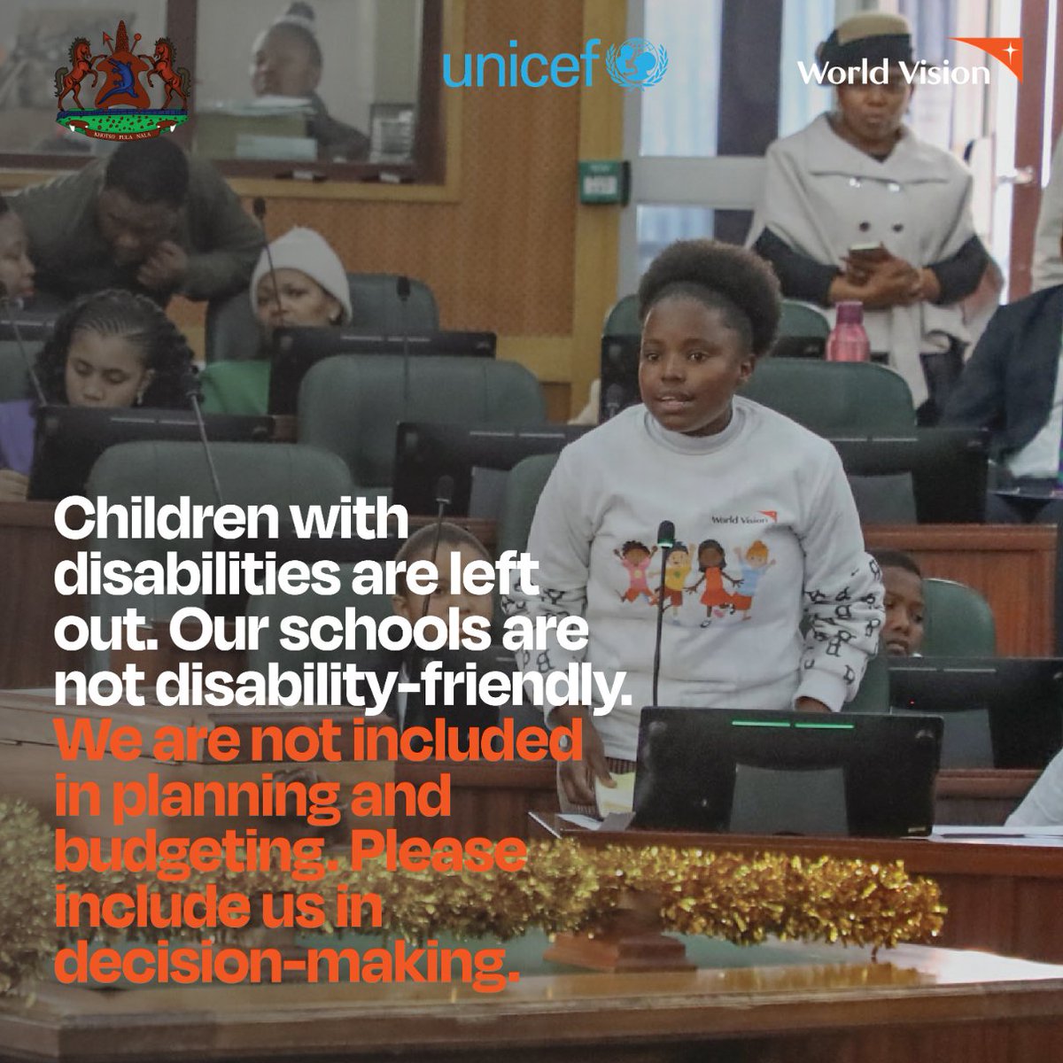 WorldvisionLS's tweet image. 🗣️ “We are abused at home, girls are forced into early marriage, children with disabilities are excluded from school.” – Motete at #ChildParliament 🇱🇸
She urges Gov’t to: ✅ Prioritize rural areas ✅ Make schools inclusive ✅ Involve children in budgeting decisions
#ChildRights