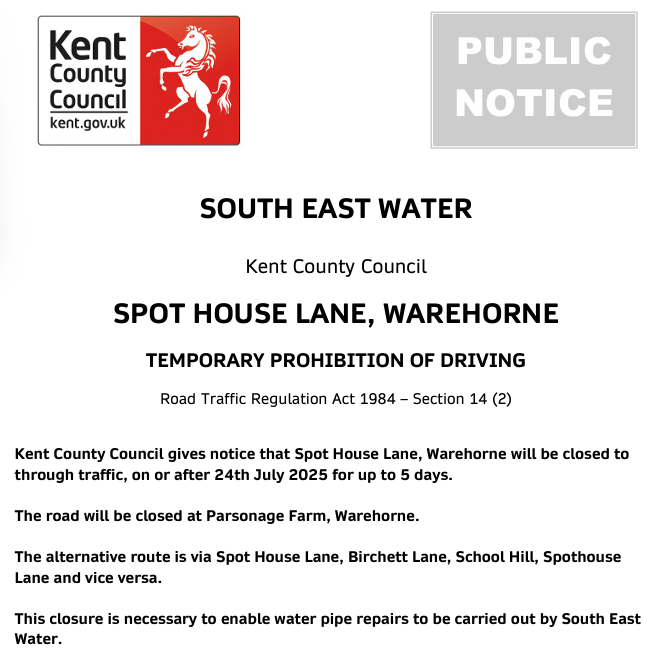KCC Highways (@kenthighways) on Twitter photo Warehorne, Spot House Lane. Road closed until 28th July for <a href="/sewateruk/">South East Water</a> works: moorl.uk/?vxt900 Warehorne, Spot House Lane. Road closed until 28th July for <a href="/sewateruk/">South East Water</a> works: moorl.uk/?vxt900