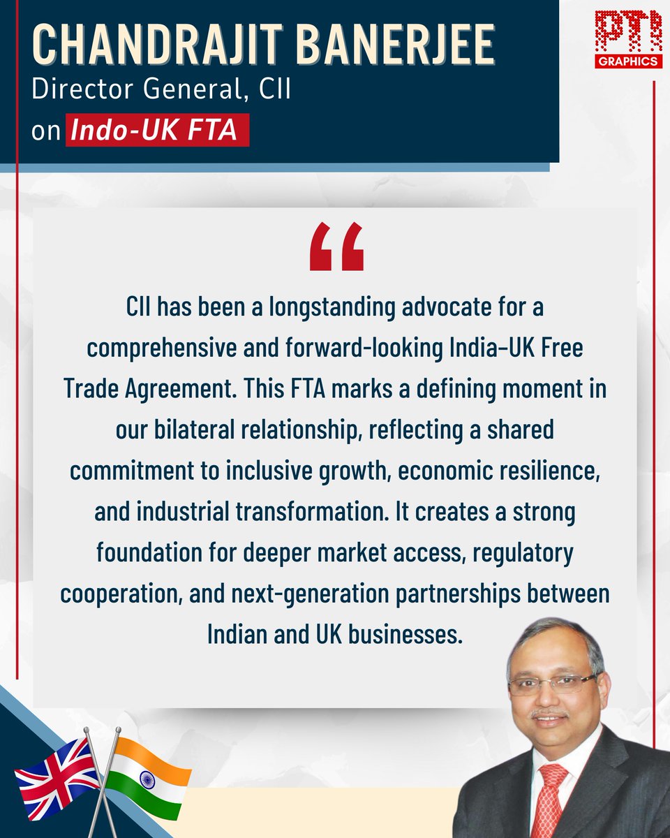 Press Trust of India (@pti_news) on Twitter photo India Inc. on Indo-UK Free Trade Agreement (FTA): Chandrajit Banerjee, Director General of CII (<a href="/FollowCII/">Confederation of Indian Industry</a>), says…
#IndiaUKFTA India Inc. on Indo-UK Free Trade Agreement (FTA): Chandrajit Banerjee, Director General of CII (<a href="/FollowCII/">Confederation of Indian Industry</a>), says…
#IndiaUKFTA