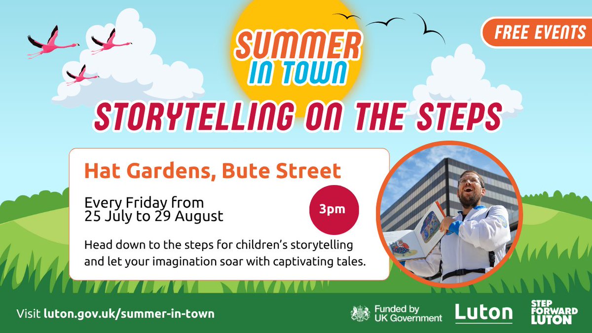 lutoncouncil's tweet image. Storytelling on the Steps is back at Hat Gardens! 🎉
Pop along every Friday from 25 July to 29 August at 3pm for FREE captivating tales from @achildrensstory 📚
See you tomorrow 👋