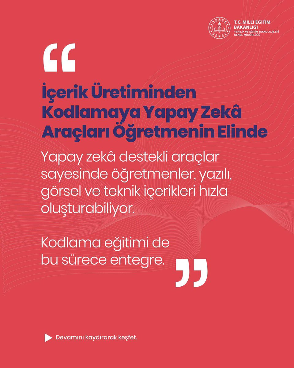 Genel Müdürlüğümüzce hazırlanan “Yapay Zekâ ve Eğitim: Öğretmenler için Uygulamalı Prompt Mühendisliği ve Üretken Araçlarla Yenilikçi Öğrenme Stratejileri” rehberini incelemek için l24.im/ApZ8jWY