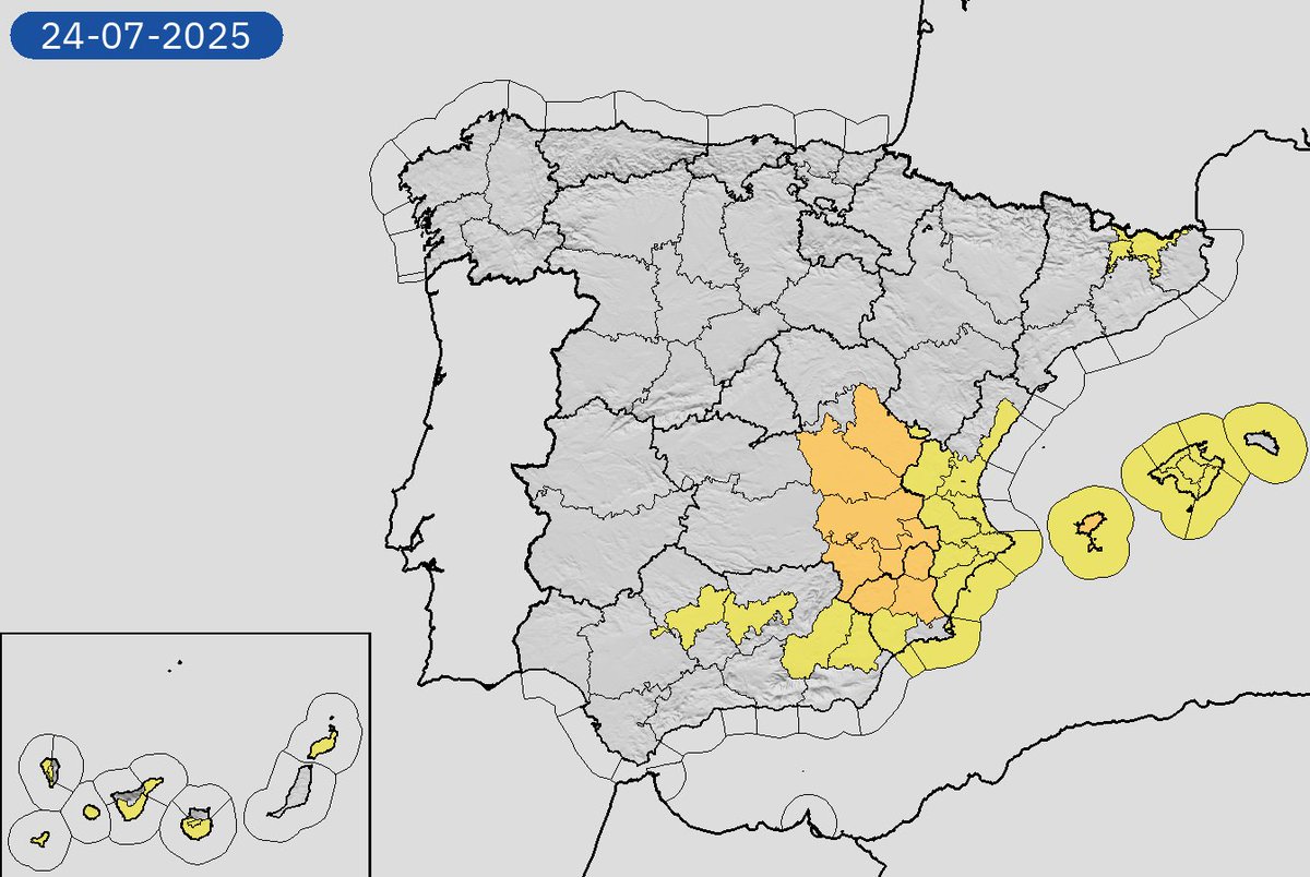 AEMET_Esp's tweet image. 24/07 12:36 Avisos activos hoy y mañana en España por tormentas, lluvias, costeros, temperaturas máximas, vientos y rissagas. Nivel máximo de aviso: naranja.
Actualizaciones en aemet.es/es/eltiempo/pr…