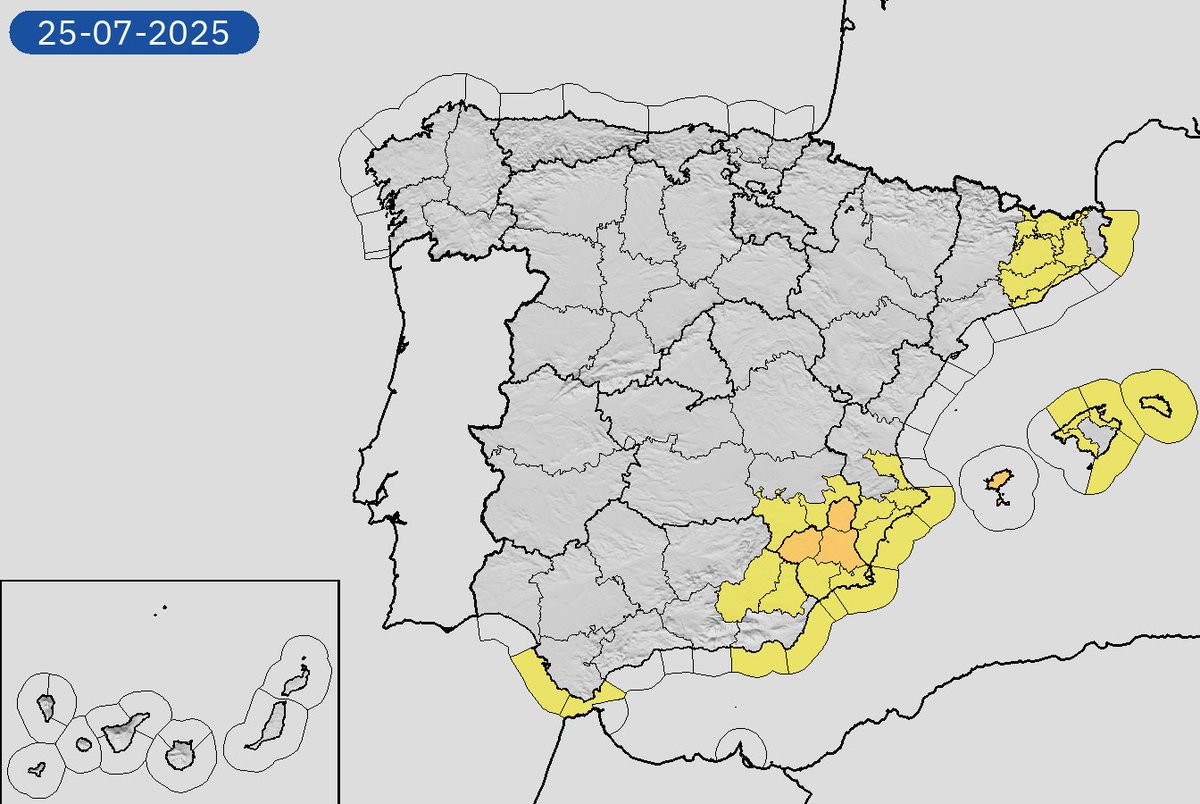 AEMET_Esp's tweet image. 24/07 12:36 Avisos activos hoy y mañana en España por tormentas, lluvias, costeros, temperaturas máximas, vientos y rissagas. Nivel máximo de aviso: naranja.
Actualizaciones en aemet.es/es/eltiempo/pr…
