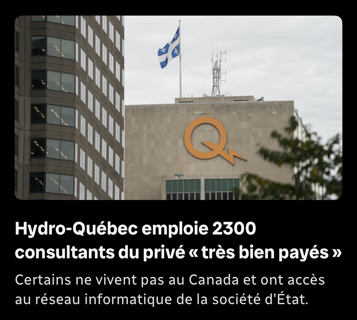 Chez Hydro-Québec, il y a autant de consultants du privé que de cadres, l'équivalent de un pour dix employés. Des chiffres inédits obtenus par Radio-Canada montrent qu'ils sont 2290. Certains travaillent pour la société d'État depuis l'étranger. ici.radio-canada.ca/nouvelle/21807…