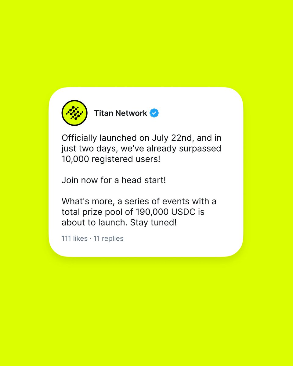 Titannet_dao's tweet image. Officially launched on July 22nd, and in just two days, we've already surpassed 10,000 registered users.
Join now for a head start!
What's more, a series of events with a total prize pool of 190,000 USDC is about to launch.