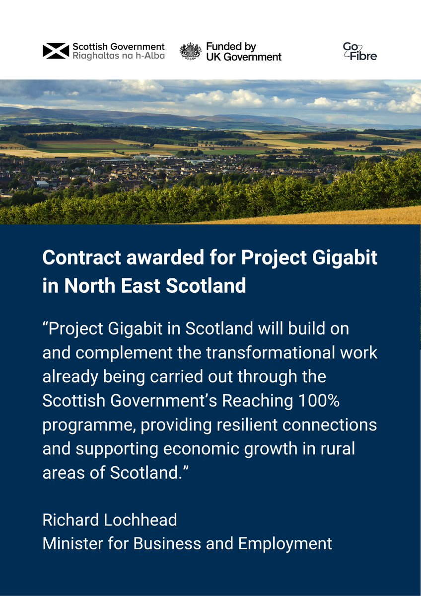 Digital Connectivity Scotland (@digconnectscot) on Twitter photo The <a href="/scotgov/">Scottish Government</a> has awarded the Project Gigabit contract for the North East of Scotland, funded by <a href="/SciTechgovuk/">Department for Science, Innovation and Technology</a>.
<a href="/GoFibre_UK/">GoFibre</a> will connect around 63,000 premises – allowing families to stream, work and learn while businesses can compete globally.
More ➡ digitalconnectivity.campaign.gov.scot/news/2025/07/b… The <a href="/scotgov/">Scottish Government</a> has awarded the Project Gigabit contract for the North East of Scotland, funded by <a href="/SciTechgovuk/">Department for Science, Innovation and Technology</a>.
<a href="/GoFibre_UK/">GoFibre</a> will connect around 63,000 premises – allowing families to stream, work and learn while businesses can compete globally.
More ➡ digitalconnectivity.campaign.gov.scot/news/2025/07/b…