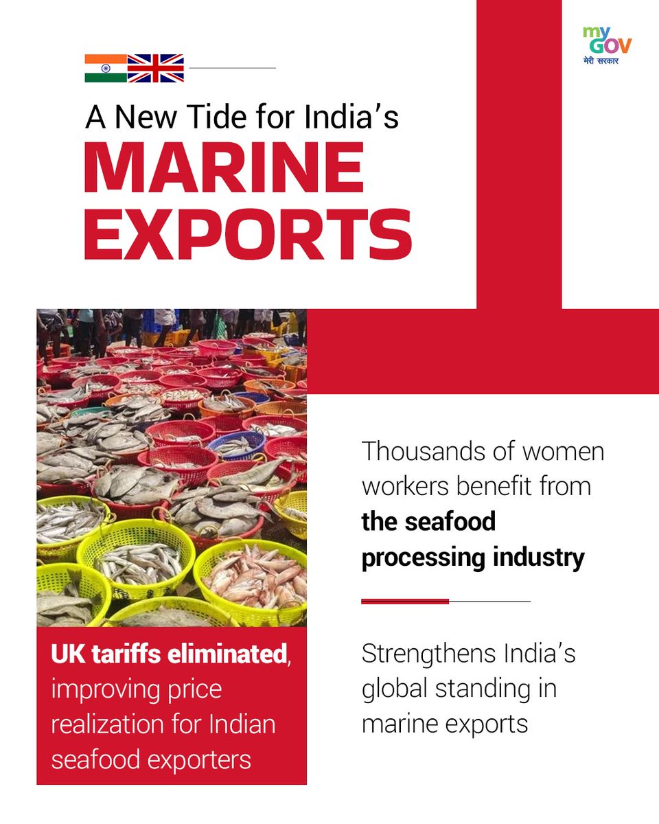 mygovindia's tweet photo. Marine Sector Finds New Depths!

With UK tariffs eliminated, Indian seafood like shrimp and tuna becomes more competitive globally. Thousands of women in seafood processing will benefit directly, while India’s marine exports grow stronger in international waters.

#PMModiInUK 
#NewIndia 
#IndiaUKFTA