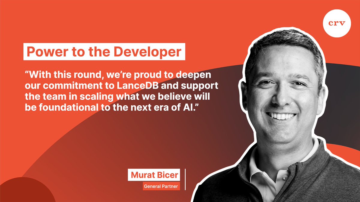 CRV's tweet image. CRV backs visionary companies like @LanceDB. We can’t wait to see what’s next from this talented team!