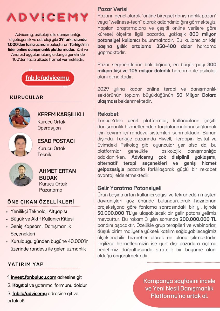 Siz de kampanya sayfasını inceleyerek yatırım yapabilirsiniz.
Yatırım yapmak için: fnb.lc/advicemy