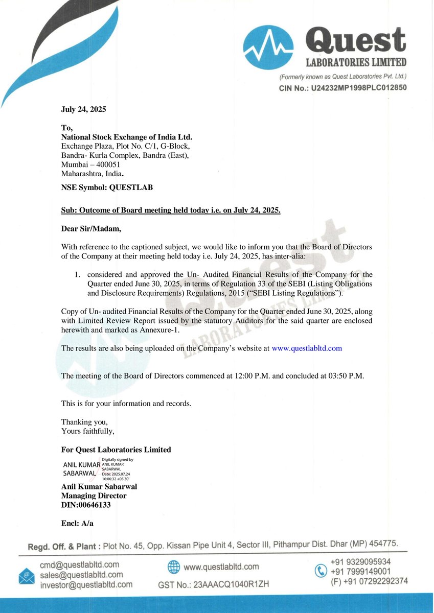 nileshkurhade's tweet image. 📌 Quest Laboratories Limited informed the exchange about the board having considered and approved the Un- Audited Financial Results of the Company for the Quarter ended June 30, 2025. #SME #QUESTLAB 📊📈
