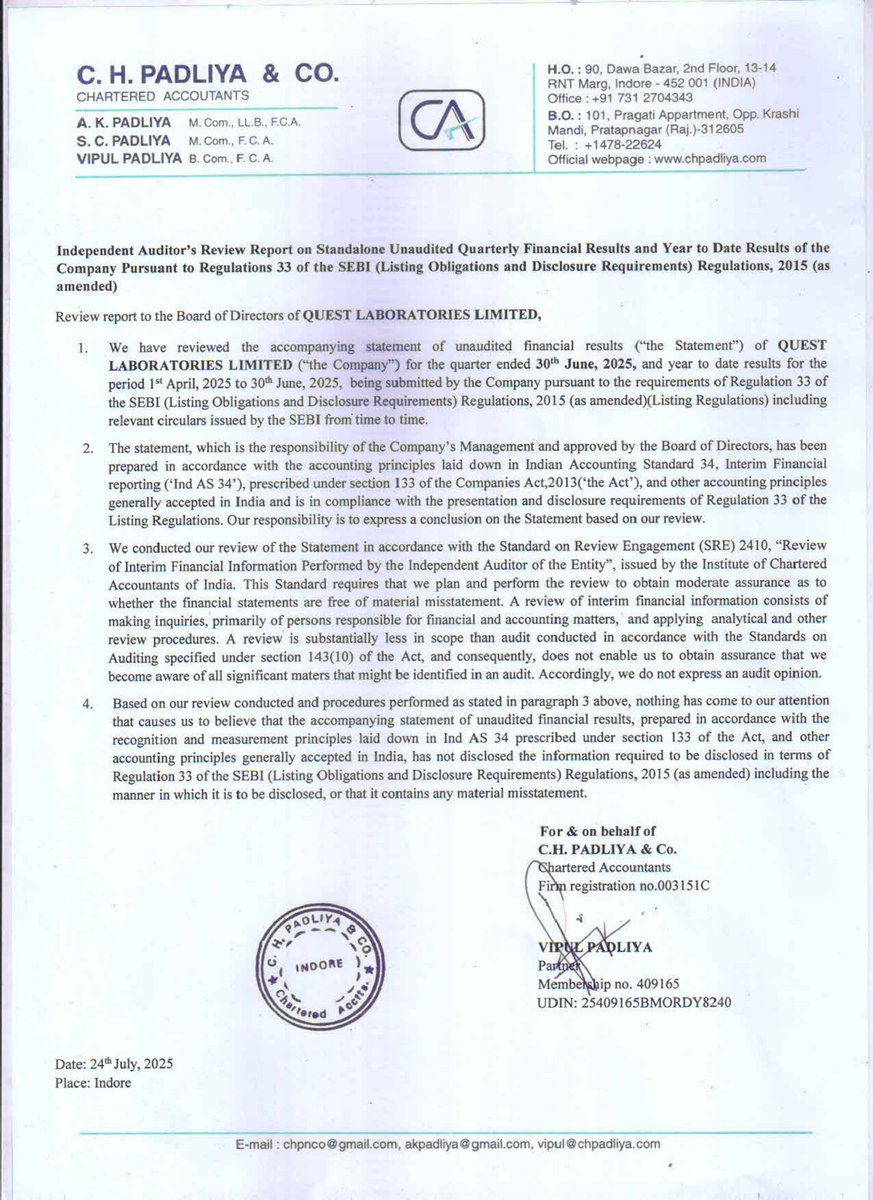 nileshkurhade's tweet image. 📌 Quest Laboratories Limited informed the exchange about the board having considered and approved the Un- Audited Financial Results of the Company for the Quarter ended June 30, 2025. #SME #QUESTLAB 📊📈