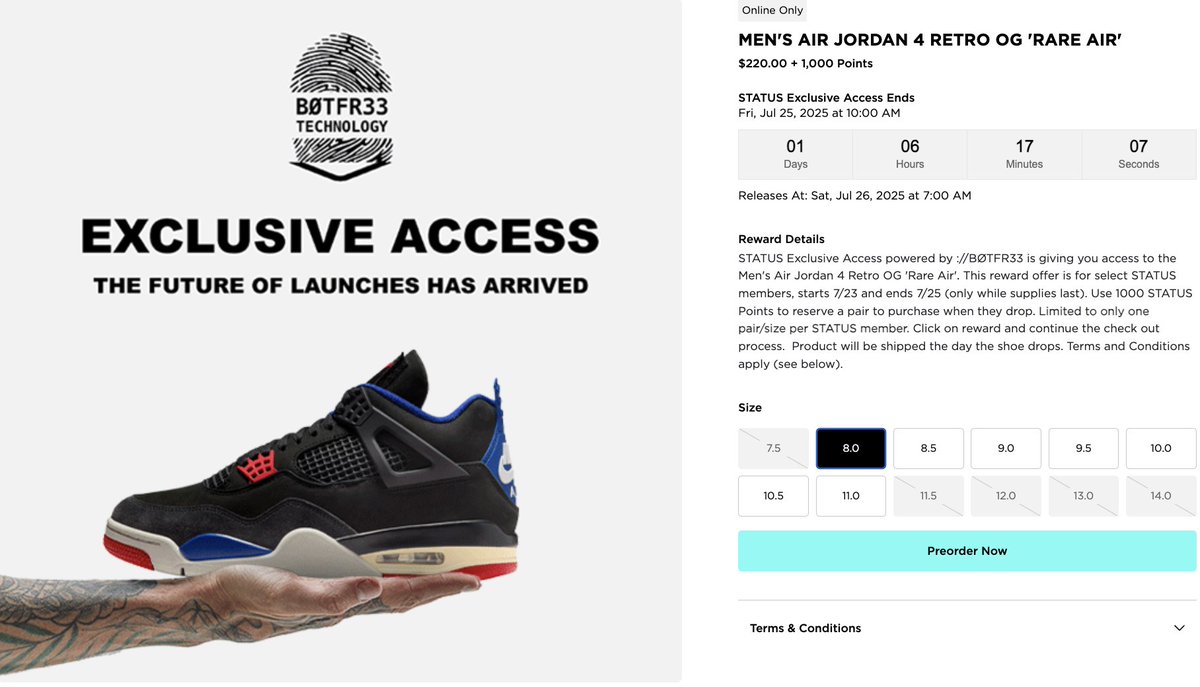 SOLELINKS's tweet photo. Ad: Sizes 8-11 still available
Exclusive access on Air Jordan 4 Retro 'Rare Air'  

Check here => https://t.co/xuBVTX9rsn

*all GS sizes available https://t.co/fZQyl4X9Ak