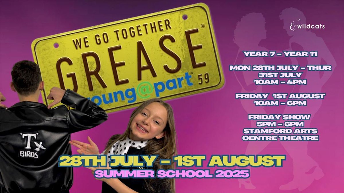 LincolnshireCC's tweet image. Calling all Pink Ladies and T-Birds! HAF FUNDED PLACES STILL AVAILABLE TO BOOK 🎶
Get ready to dance your way into summer with our GREASE Summer School at Wildcats Theatre School, Stamford! 💃🕺
Join us for a high-energy week of singing, dancing, acting – and full-on Grease…
