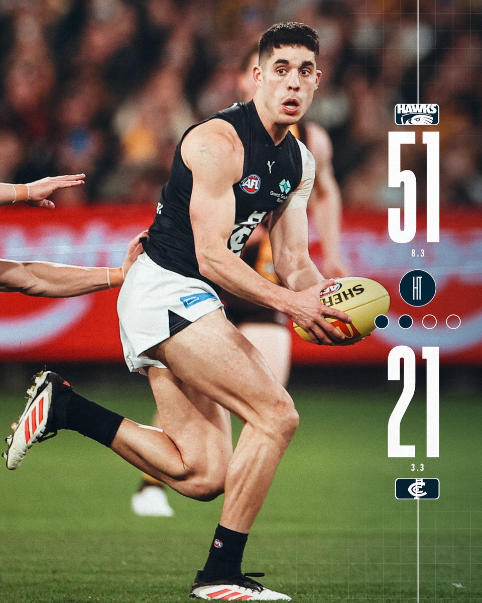 CarltonFC's tweet image. Half time.
Two late goals brings the deficit back to 30 at the main break. #AFLHawksBlues