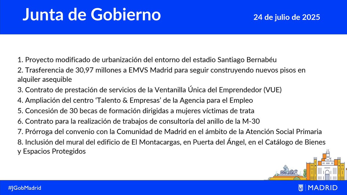 JMDCiudadLineal's tweet image. 📣 Estos son los principales acuerdos aprobados hoy en la Junta de Gobierno del 24 de julio de 2025 #JGobMadrid