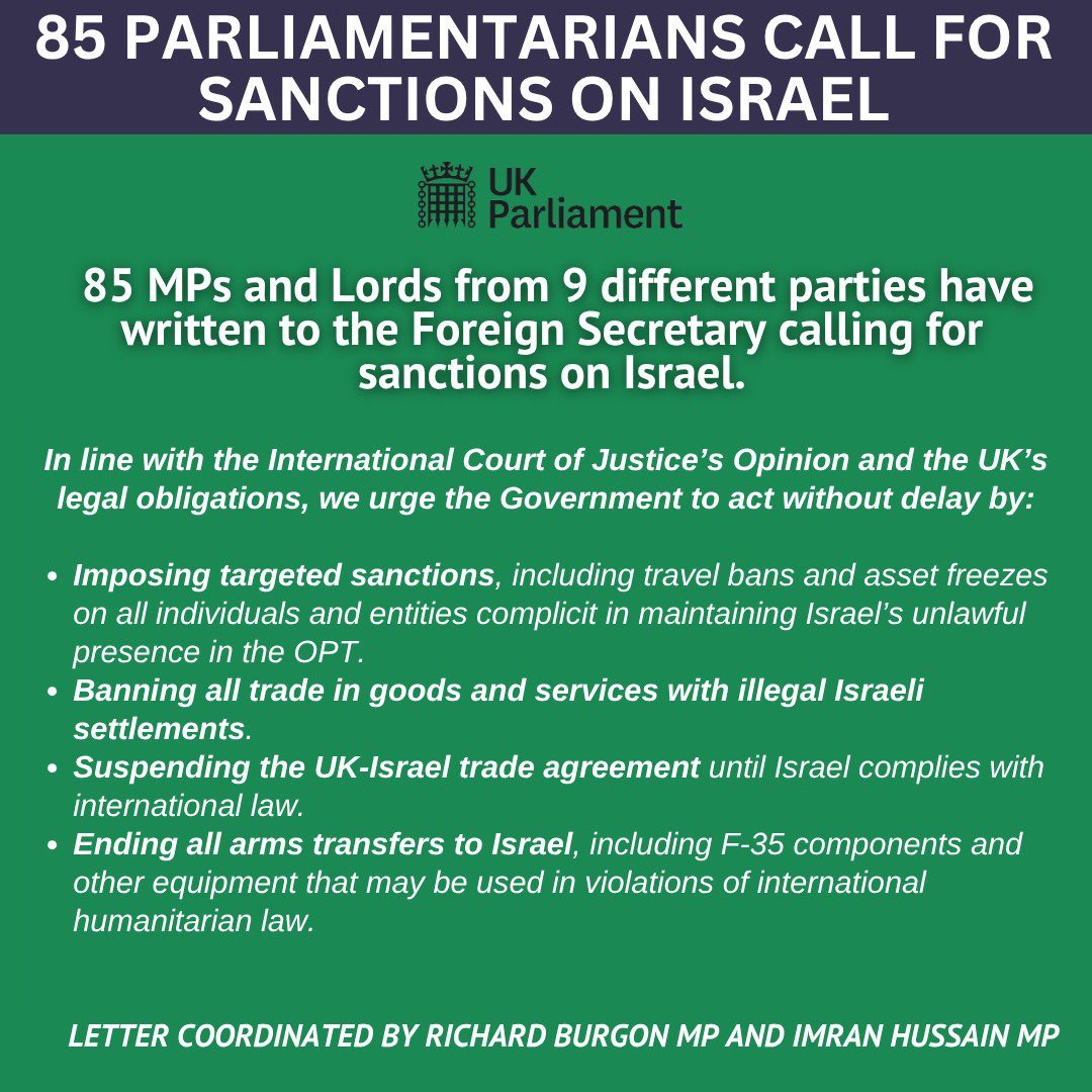 lan Byrne MP (@ianbyrnemp) on Twitter photo I’ve signed the letter by <a href="/Imran_HussainMP/">Imran Hussain MP</a> & <a href="/RichardBurgon/">Richard Burgon MP</a>, alongside 80+ MPs & Lords from 9 parties, urging the Foreign Secretary to impose widespread sanctions on Israel, including:
▪️ Economic sanctions
▪️ A ban on trade with illegal settlements
▪️ A full arms embargo I’ve signed the letter by <a href="/Imran_HussainMP/">Imran Hussain MP</a> & <a href="/RichardBurgon/">Richard Burgon MP</a>, alongside 80+ MPs & Lords from 9 parties, urging the Foreign Secretary to impose widespread sanctions on Israel, including:
▪️ Economic sanctions
▪️ A ban on trade with illegal settlements
▪️ A full arms embargo