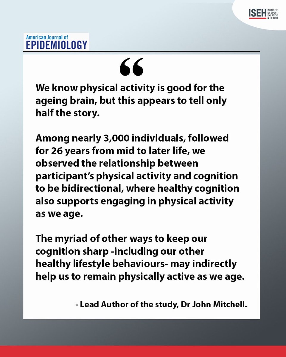 New research… 🧠🏃🏃‍♀️ISEH’s Dr John Mitchell, inc Dr Jo Blodgett &amp; Prof. Mark Hamer, investigated the bidirectional relationship between #physical activity &amp; #cognitive function in midlife. 1/2 
Swipe👉👉
🔗 pubmed.ncbi.nlm.nih.gov/40610395/
