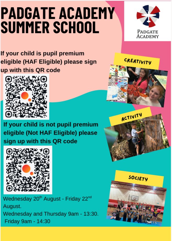 padgateacademy's tweet image. Summer school spaces still available. If you would like to make a booking please use the flyer attached. If you need support please get in touch with Miss Parkinson.