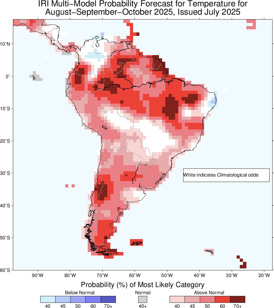 Perspectivas climáticas (<a href="/climatesociety/">IRI</a>) trimestre Ago-Set- Oct en conjunto.
* Lluvias acumuladas en esos meses, con mayores probabilidad de estar por debajo de lo normal a nivel nacional
* Mayores probabilidades de temperatura media por encima de lo normal en todo el país
