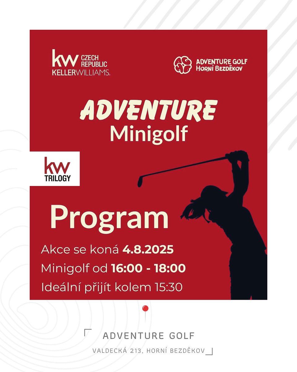 KW_Trilogy's tweet photo. 🔴 V létě si dáváme pauzu – aspoň od slidů a prezentací. 😊

A proto Keller Williams Česká republika pořádá ⛳ Adventure golf u Kladna

📅 Přihlášky a podrobnosti najdete v tréninkovém kalendáři.

#kellerwilliamstrilogy  #kladno  #kw  #adventuregolf https://t.co/tEpYoTaGy6