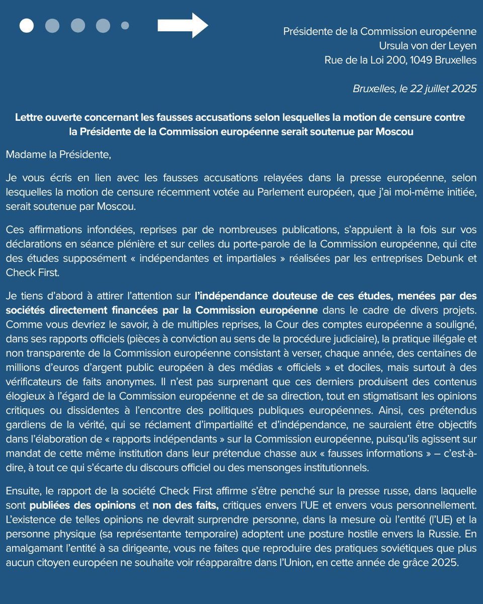 v_joron's tweet image. ‼️➡️Lettre ouverte à la Présidente de la Commission européenne que je partage :
@GPiperea dénonce les fausses accusations liant la motion de censure, qu’il a initiée, à Moscou.
Ces allégations, basées sur des études biaisées financées par la Commission, sont infondées.
Il…