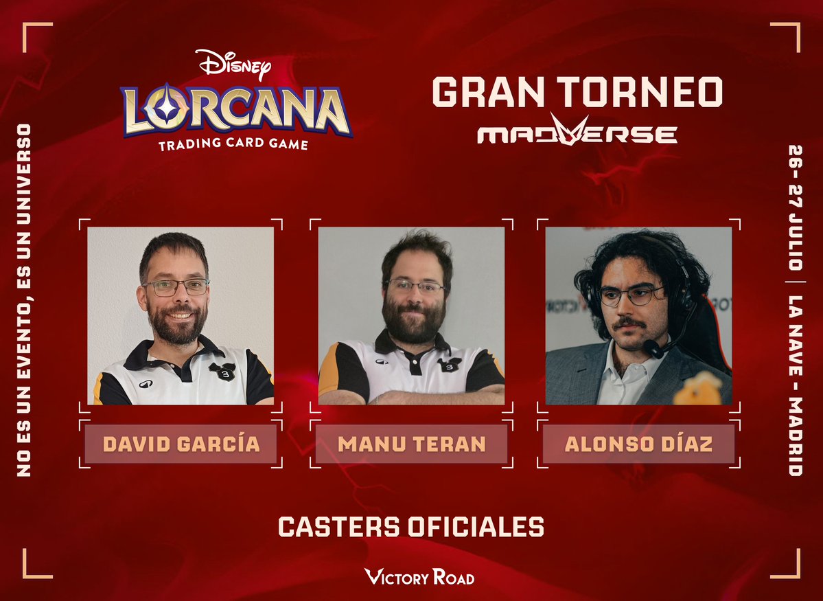 Madverse (@madverse_es) on Twitter photo 🏰 ¡Iluminadores de Disney Lorcana! 🏰
¡Presentamos los casters oficiales de nuestra emisión en directo! 📹
👥 ¡<a href="/Alonsiviri/">Alonsiviri</a> y <a href="/baraja3tintas/">La Baraja de Tres Tintas</a> estarán comentando el mayor evento de Disney Lorcana de España! 🇪🇸
📹 twitch.tv/VictoryRoadES
🎫 Entradas: my.weezevent.com/lorcana-madver… 🏰 ¡Iluminadores de Disney Lorcana! 🏰
¡Presentamos los casters oficiales de nuestra emisión en directo! 📹
👥 ¡<a href="/Alonsiviri/">Alonsiviri</a> y <a href="/baraja3tintas/">La Baraja de Tres Tintas</a> estarán comentando el mayor evento de Disney Lorcana de España! 🇪🇸
📹 twitch.tv/VictoryRoadES
🎫 Entradas: my.weezevent.com/lorcana-madver…