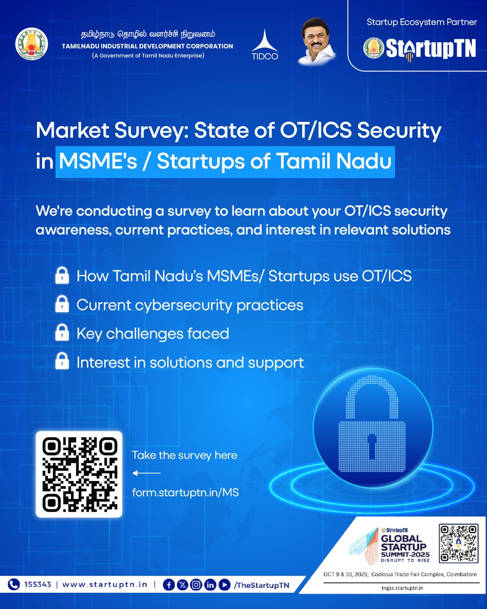 TheStartupTN's tweet image. Cybersecurity matters – especially in Industrial Operations!
TIDCO is conducting a Market Survey on OT/ICS Security among MSMEs and Startups in Tamil Nadu.
If you're using Operational Technology (OT) or Industrial Control Systems (ICS) in your business, your inputs are vital!…