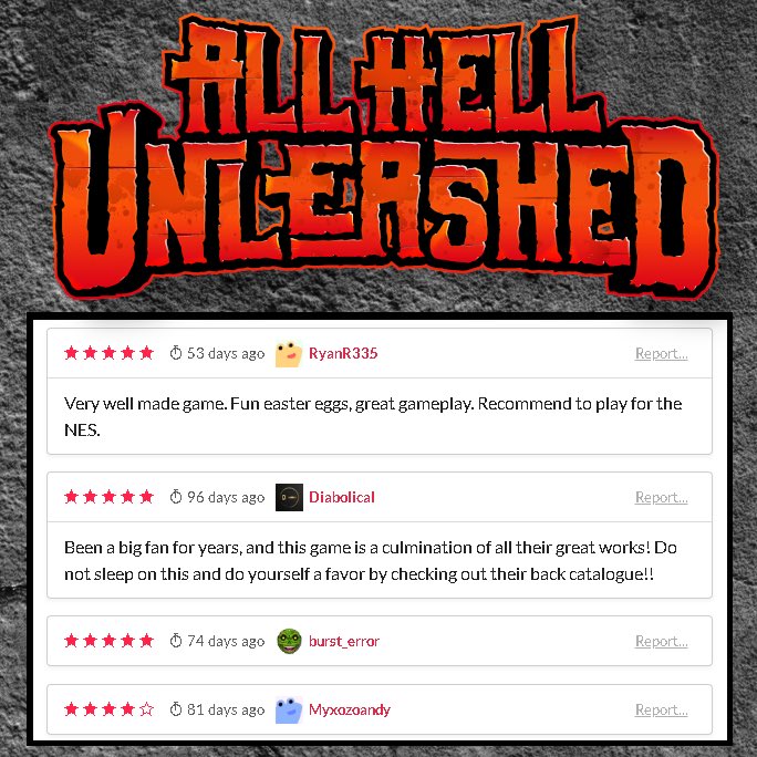 8bitslasher_'s tweet image. Huge thanks to everyone who’s left a review for All Hell Unleashed! Your feedback helps the game get noticed. If you’ve played and want to share your thoughts, you can do so at 8bitslasher.itch.io/ahu 🔥 #NES