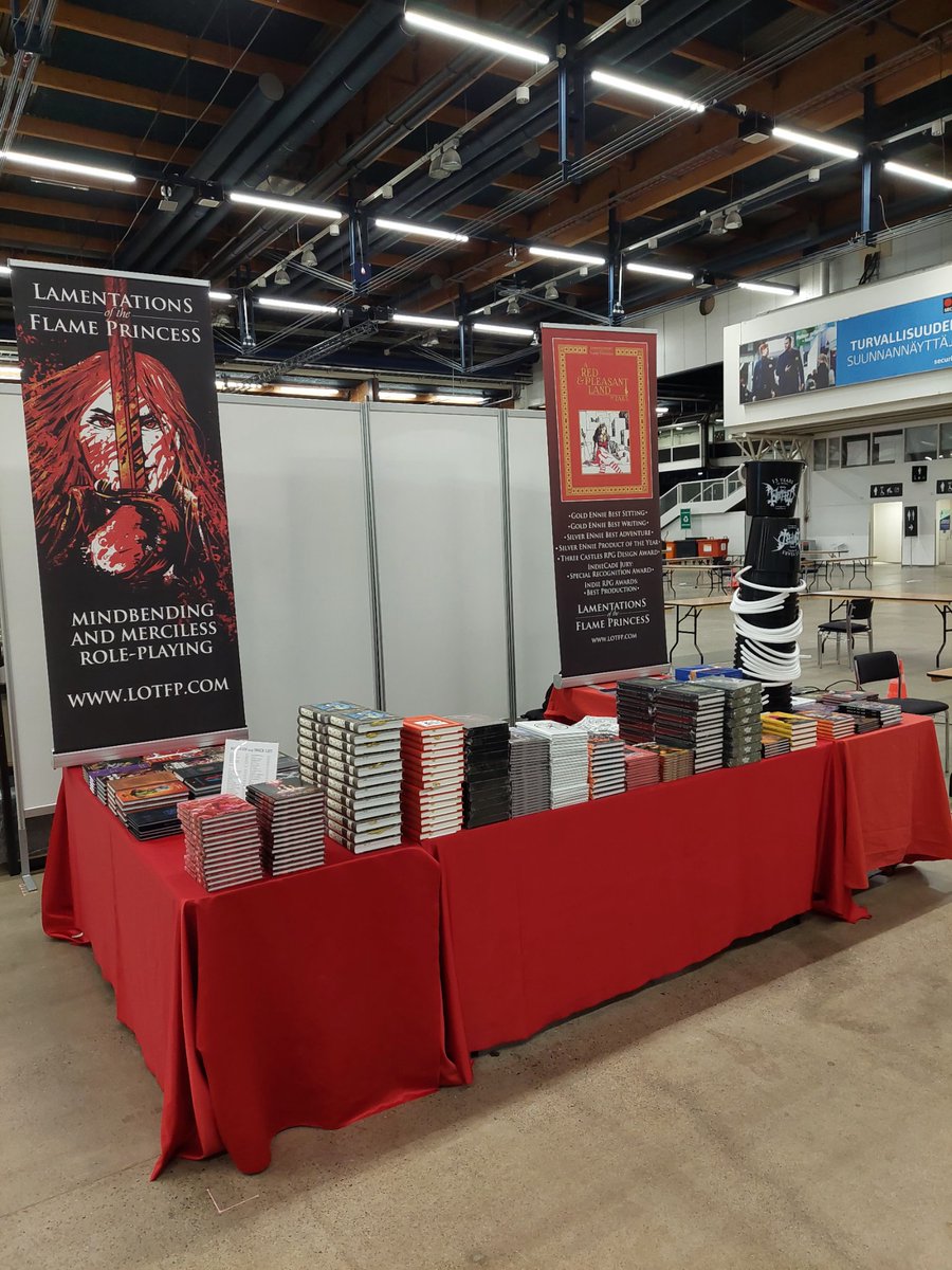 Our booth at Ropecon is all set up and ready to perform commercial activities! Be here tomorrow when the con opens to be the first anywhere on Earth to grab our debuting NEW RELEASES! Promotional exclamation marks!!!!