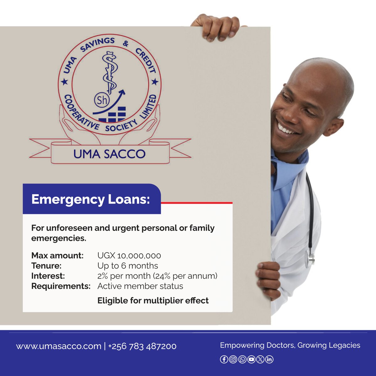 umasacco's tweet image. Emergency? 
Don't panic! UMA SACCO is here with fast, affordable emergency loans up to UGX 10M for all active members. 

We’re here to help you breathe easier in life’s tough moments. 💙

#UMASACCO #EmergencyLoan #DoctorsFinance #SACCOsupport #MedicalProfessionalsUG