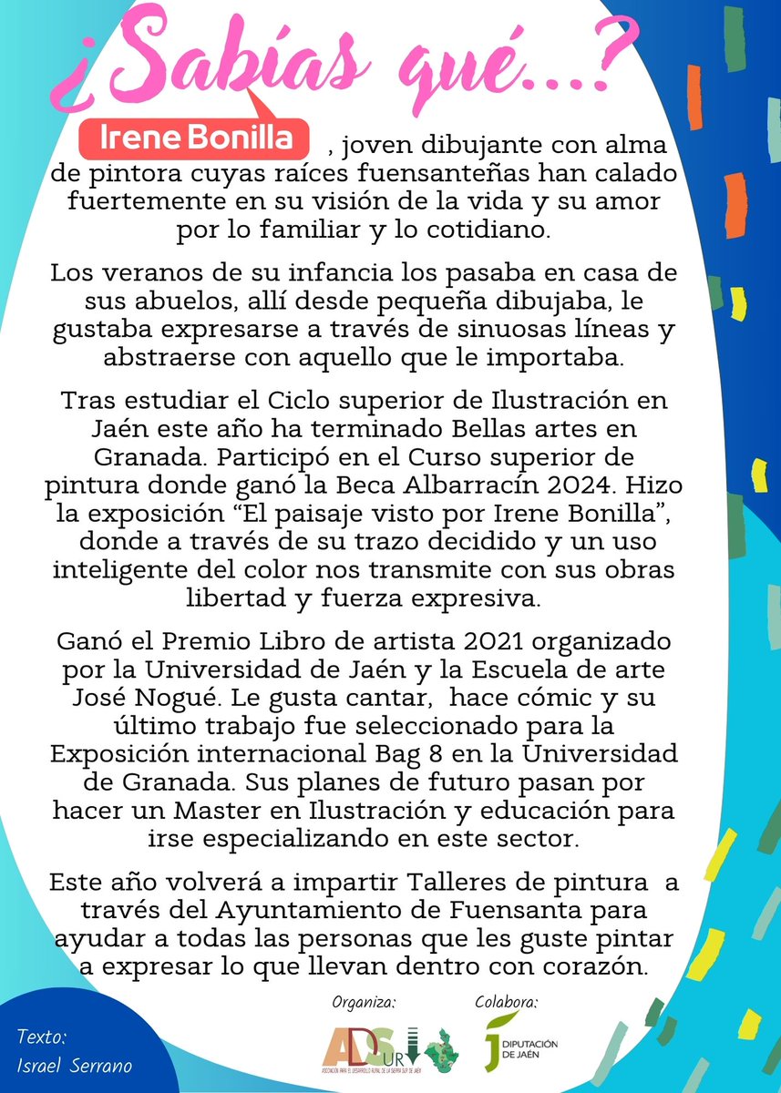 ADSUR-SierraSurJaen (@adsierrasurjaen) on Twitter photo ¿Sabías qué? Programa de difusión de artistas de la #sierrasurdejaén: Irene Bonilla Sánchez
Conoce más sobre su trabajo en IG: @irenebonillasanchez
Organizado por <a href="/ADSierraSurJaen/">ADSUR-SierraSurJaen</a> en colaboración con Ayto Fuensanta y enmarcado en el Plan de Comarcalización Cultural de <a href="/dipujaen/">Diputación de Jaén</a> ¿Sabías qué? Programa de difusión de artistas de la #sierrasurdejaén: Irene Bonilla Sánchez
Conoce más sobre su trabajo en IG: @irenebonillasanchez
Organizado por <a href="/ADSierraSurJaen/">ADSUR-SierraSurJaen</a> en colaboración con Ayto Fuensanta y enmarcado en el Plan de Comarcalización Cultural de <a href="/dipujaen/">Diputación de Jaén</a>