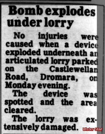 OnThisDayPIRA's tweet image. #OnThisDay in 1982 the IRA attempted to murder an off duty part-time reserve RUC policeman. He discovered a booby trap bomb under the cab of his coal lorry, at Castlewellan Rd, Dromara, Down. The bomb exploded a short time later & may have been triggered by 2 kittens playing #OTD