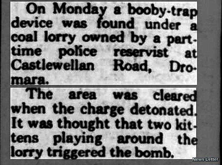OnThisDayPIRA's tweet image. #OnThisDay in 1982 the IRA attempted to murder an off duty part-time reserve RUC policeman. He discovered a booby trap bomb under the cab of his coal lorry, at Castlewellan Rd, Dromara, Down. The bomb exploded a short time later & may have been triggered by 2 kittens playing #OTD