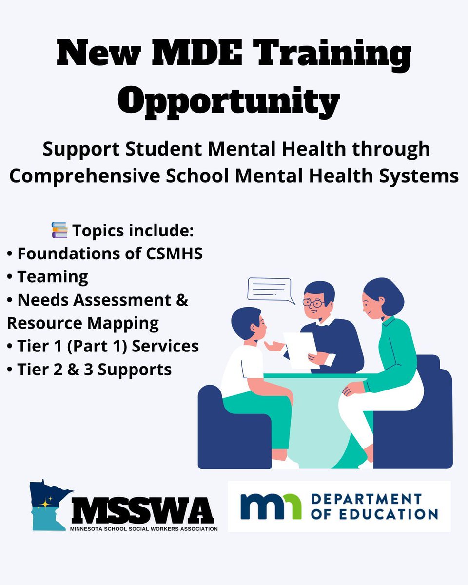 MSSWA (@ssw_minnesota) on Twitter photo 📢 New <a href="/MnDeptEd/">Minnesota Department of Education</a> training! Learn how to build & strengthen Comprehensive School Mental Health Systems. Topics: teaming, needs assessment, Tiered supports & more.
🔗 See dates & register: bit.ly/40syd0f
#MSSWA #SchoolMentalHealth #EdEquity #StudentSupport 📢 New <a href="/MnDeptEd/">Minnesota Department of Education</a> training! Learn how to build & strengthen Comprehensive School Mental Health Systems. Topics: teaming, needs assessment, Tiered supports & more.
🔗 See dates & register: bit.ly/40syd0f
#MSSWA #SchoolMentalHealth #EdEquity #StudentSupport