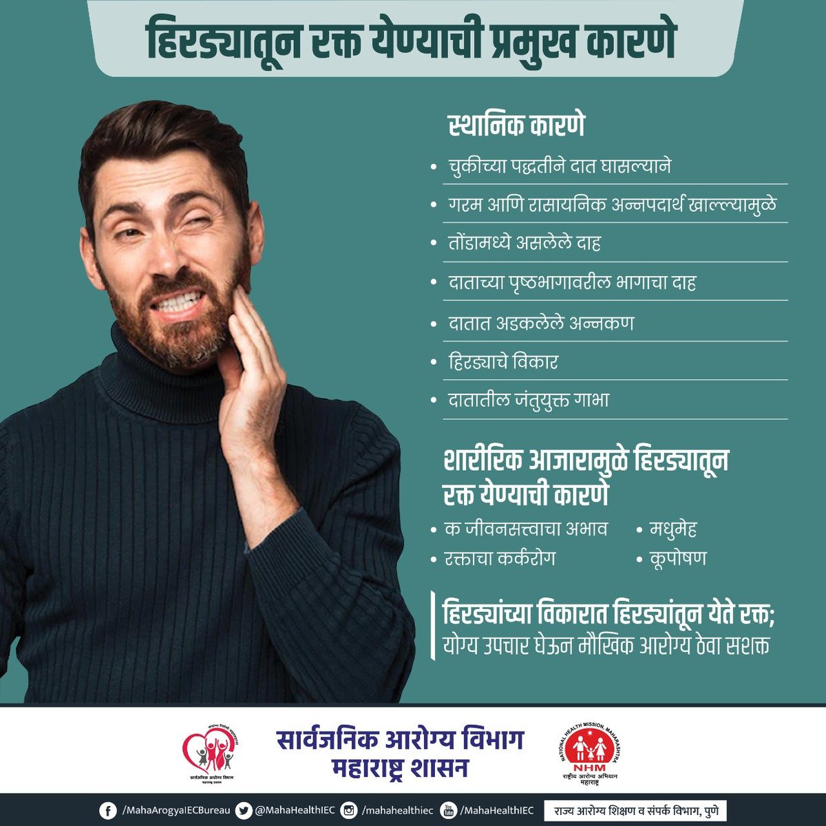 MahaHealthIEC's tweet image. हिरड्यांतून रक्त येण्याची समस्या? कारणे ओळखा, उपचार करा!
हिरड्यांतून रक्त येणे ही एक गंभीर मौखिक आरोग्याची समस्या असू शकते. वेळेत निदान व योग्य उपचार केल्यास ही समस्या टाळता येऊ शकते.

#OralHealth #DentalCare #GumHealth #BleedingGums #MouthHealth #DentalAwareness #PreventiveCare…