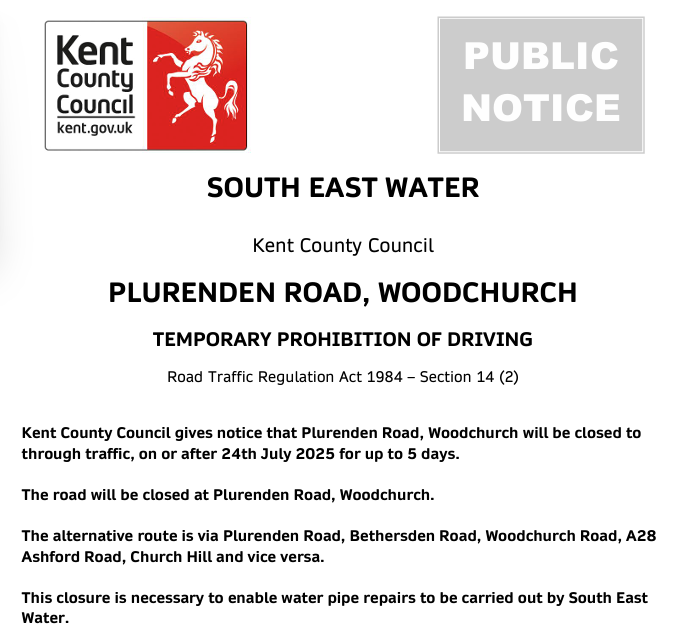 KCC Highways (@kenthighways) on Twitter photo Woodchurch, Plurenden Road. Road closed until 28th July for <a href="/sewateruk/">South East Water</a> works: moorl.uk/?iln0rg Woodchurch, Plurenden Road. Road closed until 28th July for <a href="/sewateruk/">South East Water</a> works: moorl.uk/?iln0rg