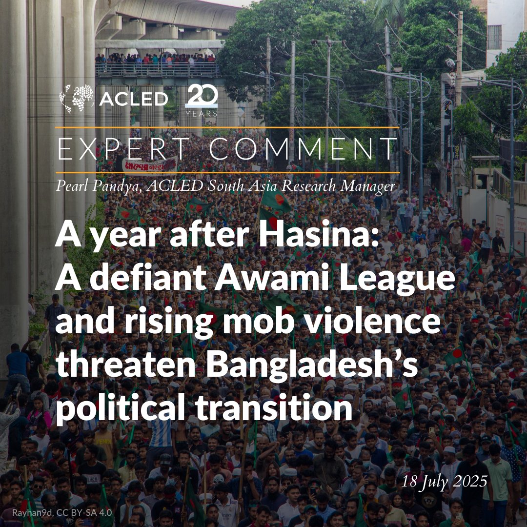 ACLEDINFO's tweet image. #Bangladesh | One year after Sheikh Hasina’s ouster, ACLED data show that her party, the Awami League, has led nearly 50 demonstrations since August 2024 — highlighting its continued ability to mobilize amid a fragile transition.
Full analysis: acleddata.com/2025/07/18/exp…