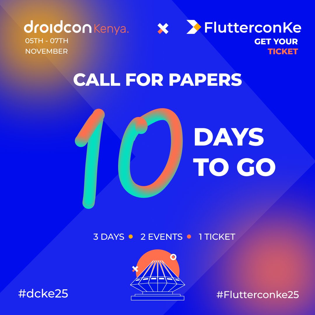 We are 10 days away to closing the #dcke25 and #FlutterconKE25 Call for speakers.
Submit your talk now to be among this year's amazing speaker lineup:
🔗:  bit.ly/dcke25CFP