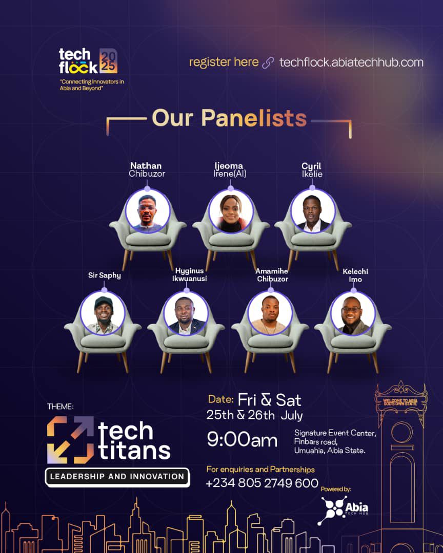 Trajdenngo's tweet image. Our Executive Director, Mr @Kelechii_Imo will join the panelist at #Techflock2025 organized by @AbiaTechHub

Date: 25th &amp;amp; 26th of July.
Venue: Signature Event Center, Umuahia Abia State.