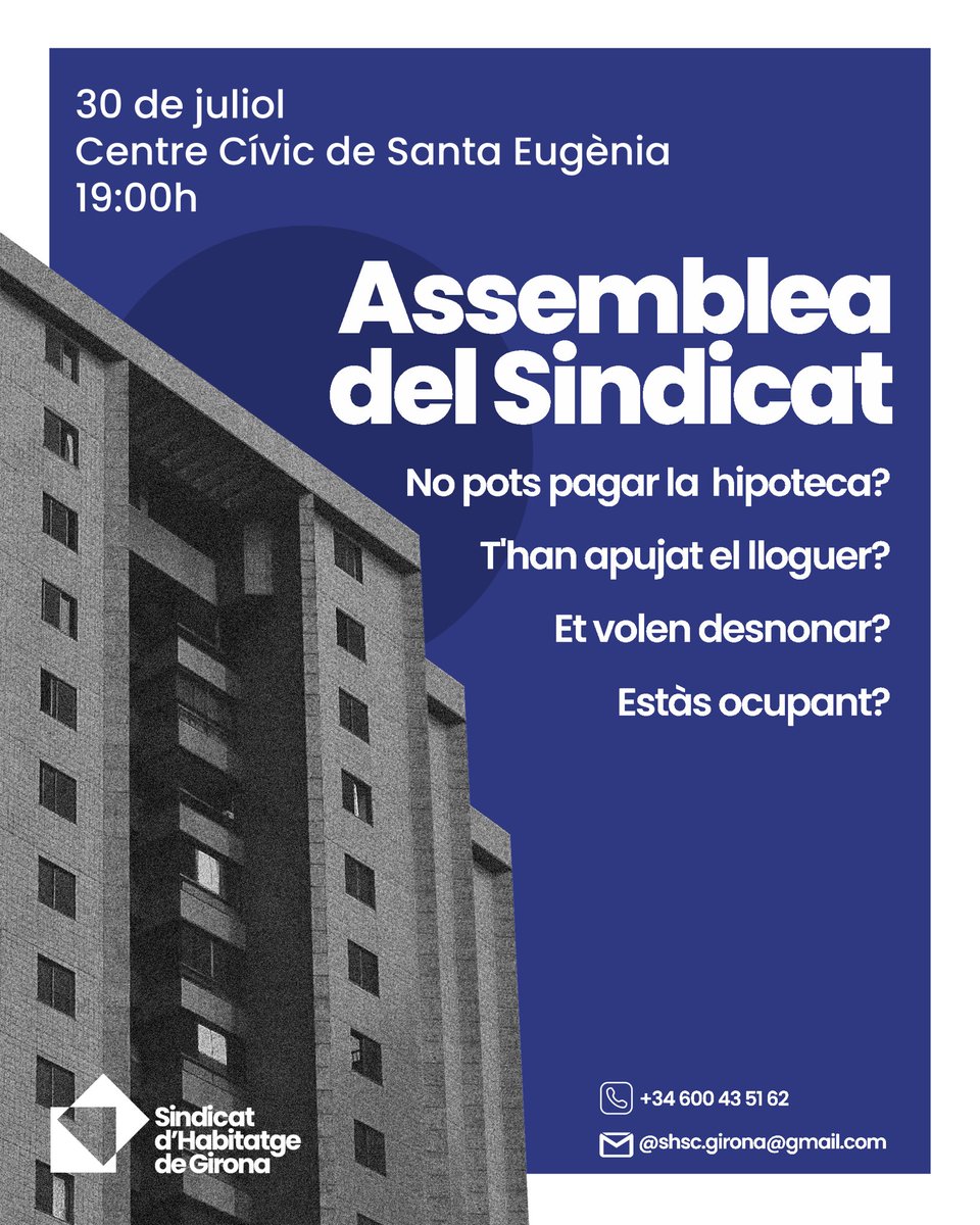 Girona_SHSC's tweet image. El pròxim dimecres 30 de juliol ens veiem a l'assemblea del Sindicat.
Si tens un problema amb l'habitatge, aquí compartim els nostres recursos i eines sindicals.
No t'ho perdis!👇🔵