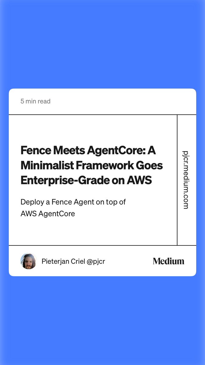New article! “Fence Meets AgentCore: A Minimalist Framework Goes Enterprise-Grade on AWS”. If you’re building agents, check it out!  pjcr.medium.com/c81edf947ff0