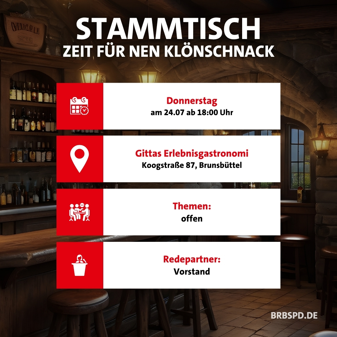 ⏰ Heute (#Donnerstag den 25.07) ist es wieder soweit: Wir treffen uns ab 18:00 Uhr zum monatlichen #Stammtisch der #SPD #Brunsbüttel, wieder bei Gittas Erlebnisgastronomie in der Koogstraße.

🫵 Es wird spannend, wir freuen uns auf euch!