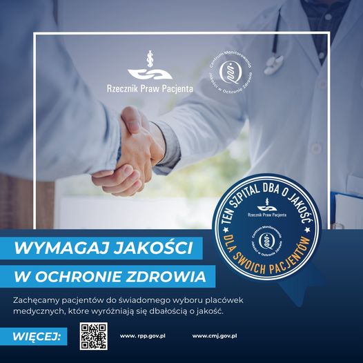 Rzecznik Praw Pacjenta (@rzeczpacjenta) on Twitter photo Kolejne szpitale wyróżnione w projekcie "Wymagaj Jakości"!
Do grona wyróżnionych dołączają:
👉 SPZOZ Centralny Szpital Kliniczny Uniwersytetu Medycznego w Łodzi
👉 Uniwersytecki Szpital Kliniczny Nr 1 w Lublinie
Wyróżnienie jest dowodem na najwyższe standardy opieki świadczonej w Kolejne szpitale wyróżnione w projekcie "Wymagaj Jakości"!
Do grona wyróżnionych dołączają:
👉 SPZOZ Centralny Szpital Kliniczny Uniwersytetu Medycznego w Łodzi
👉 Uniwersytecki Szpital Kliniczny Nr 1 w Lublinie
Wyróżnienie jest dowodem na najwyższe standardy opieki świadczonej w