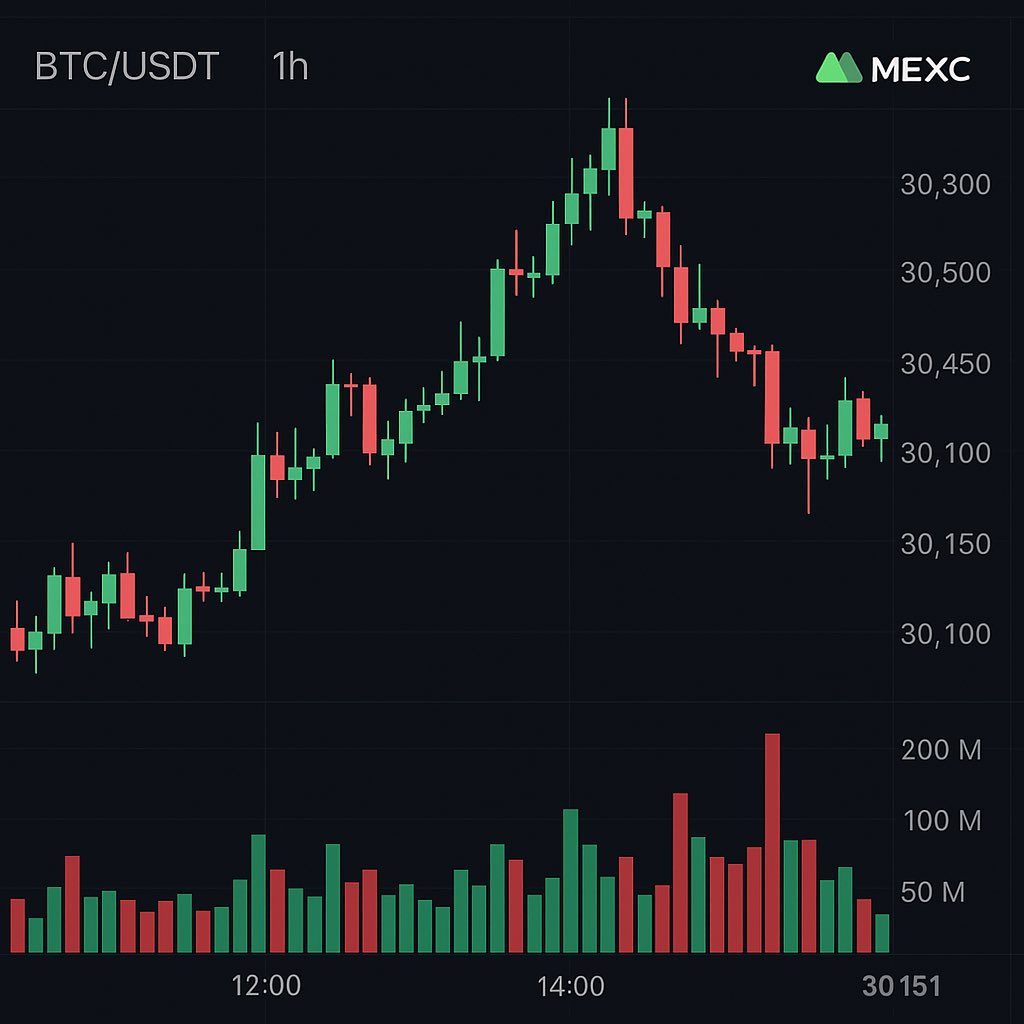 📊 BTC/USDT Analysis on <a href="/MEXC_Official/">MEXC</a> (1H Chart)

The market showed strong volatility with a spike up to $30,800, followed by a correction down to $30,100. 📉

🔍 Current Trend: Pullback after bullish run
📈 High: $30,800
📉 Key Support: $30,100
📊 Volume increased during the
