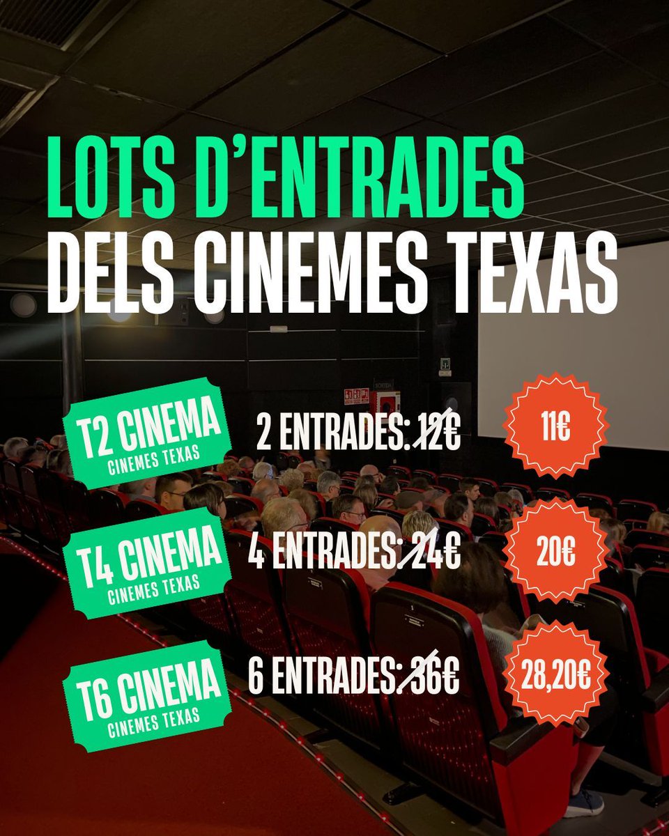 ✨📣 LOT D'ENTRADES REGAL: AQUEST ESTIU, REGALA CINEMA EN CATALÀ! 

De l’1 al 31 de juliol de 2025, podràs trobar els nostres lots d’entrades amb descomptes especials per entrada. Vàlids fins a finals del 2025 als Cinemes Texas!

🎟️ A través d'aquest link: espaitexas.cat/pelicula/abona…
