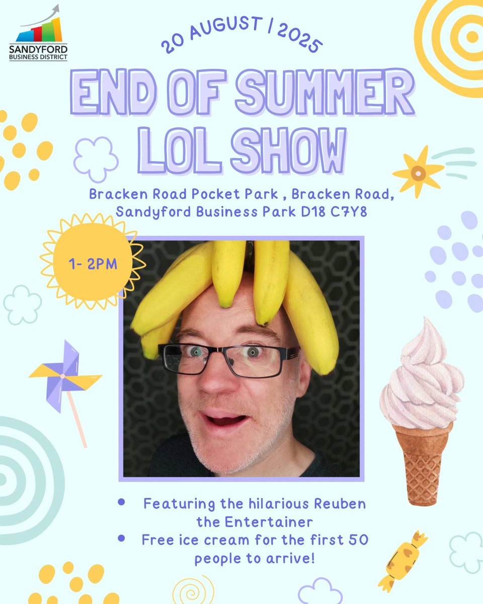 SandyfordBID's tweet image. Join us August 20th from 1–2PM for the End of Summer LOL Show in Bracken Road Pocket Park 🪄🍦
Magic, mayhem & laughs with Reuben the Entertainer, and free ice cream for the first 50!
Let’s send summer off with a smile 🌤️