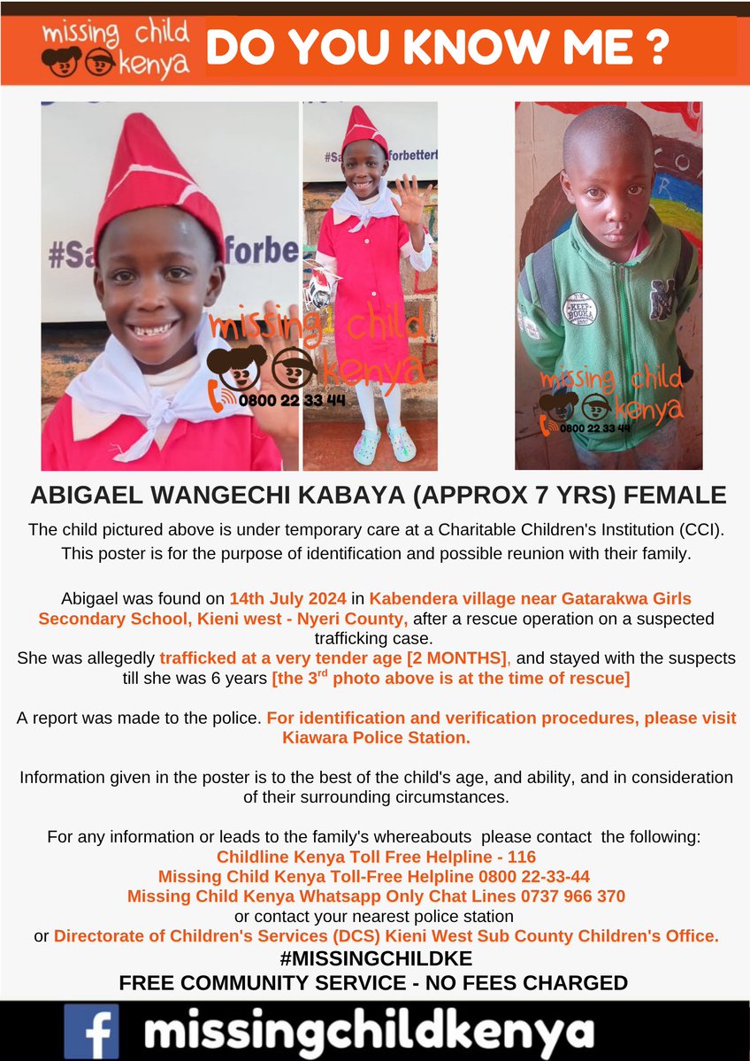 missingchild_ke's tweet image. ABIGAEL WANGECHI KABAYA (APPROX. 7 YEARS) FEMALE #MISSINGCHILDKE
She was allegedly trafficked at a tender age of approx. 2 months, and has lived with the suspects until 6 years, when they were arrested.