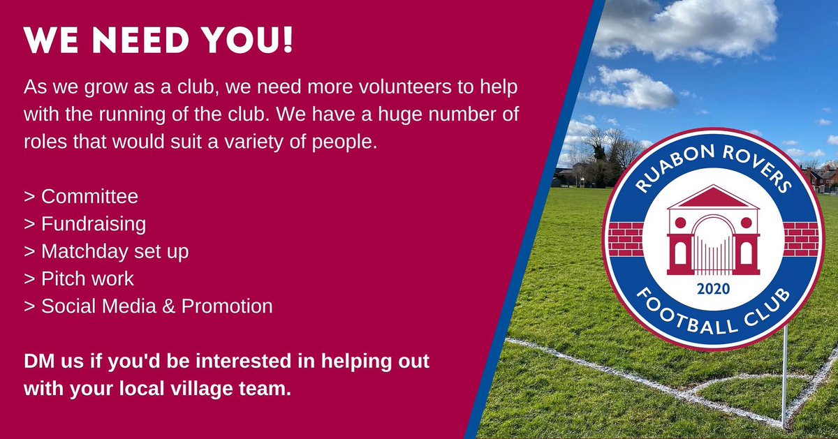 WE NEED YOU! 

As our village team grows and expands we need more help in running it. 

We have lots of positions available and we hope plenty of keen supporters willing to lend a hand to push the club forward! 

Message us directly if interested.